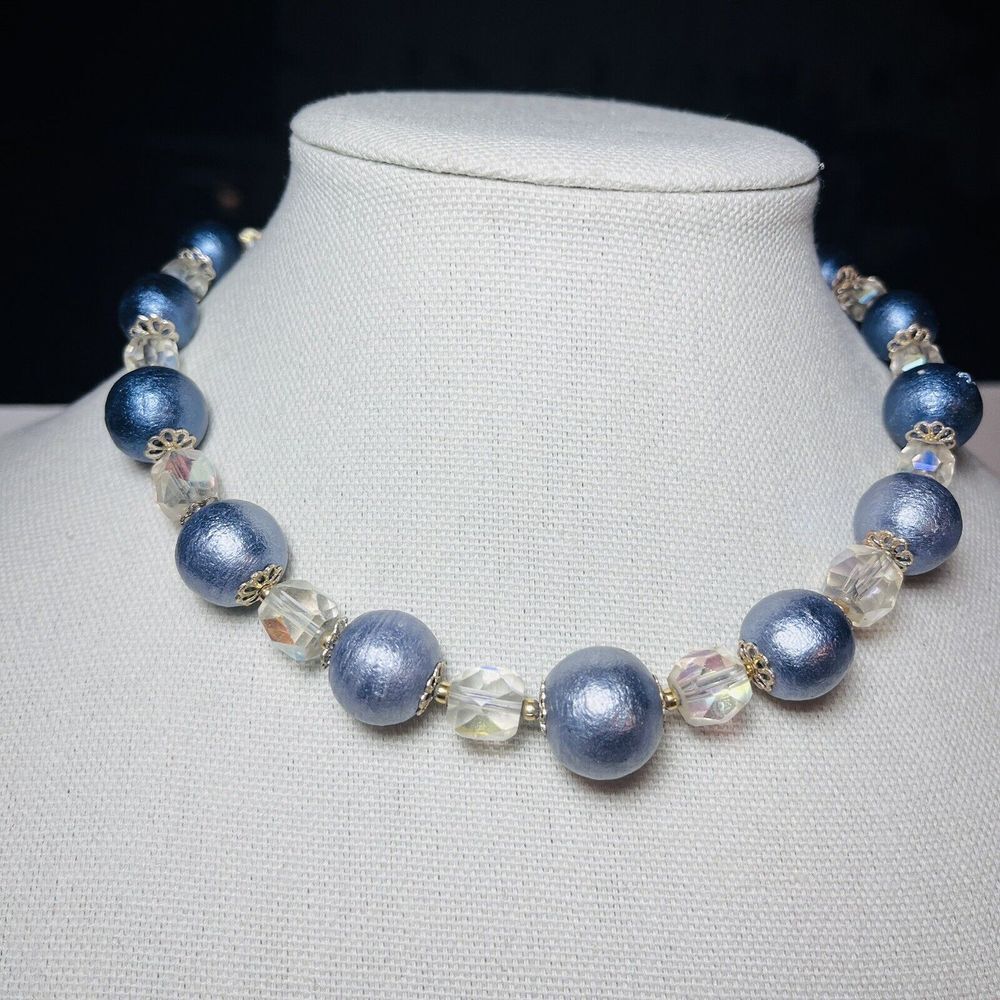 Vintage Single Strand Choker Necklace Japan Blue Bead Aurora Borealis 18"